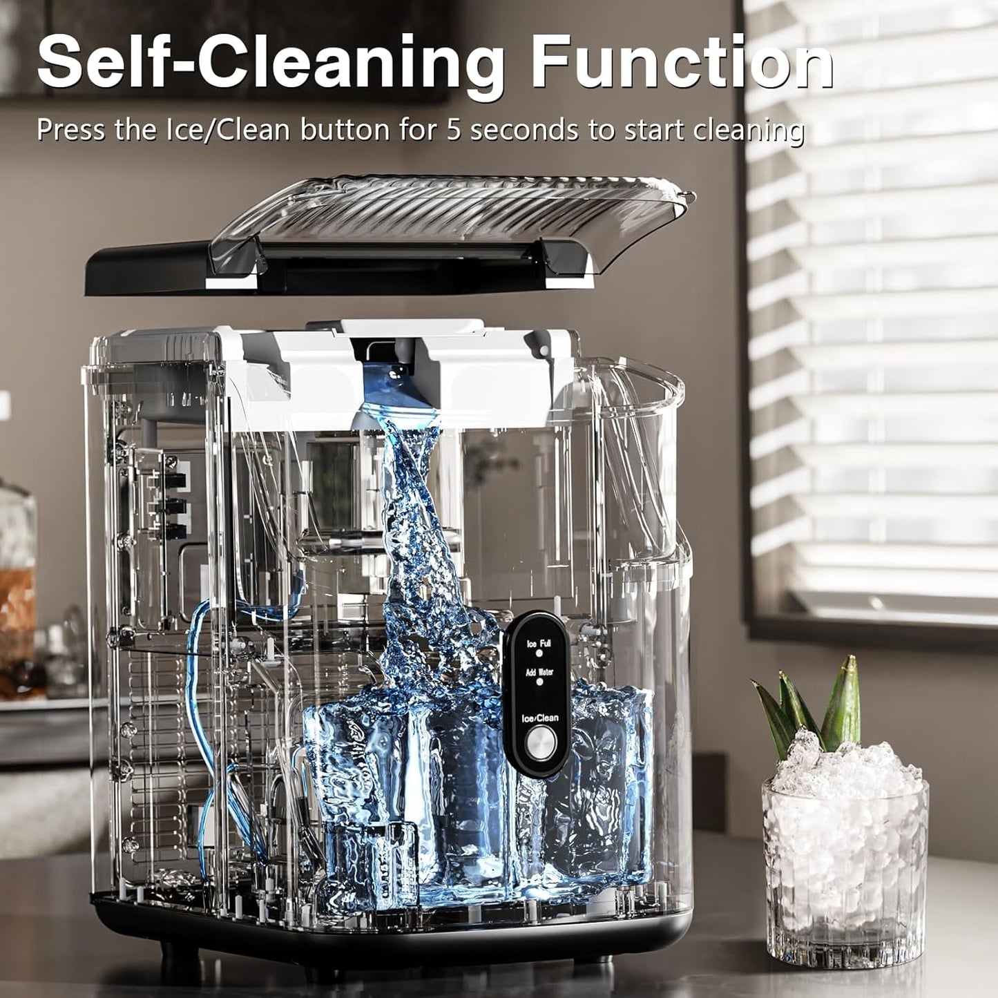 Antarctic Star Nugget Ice Maker Countertop, Chewable Nugget Ice Machine with Automatic Cleaning, Fast Ice Making 34Lbs/24H, One Click Operation for Office/Home/Bar (Stainless Steel Black)
