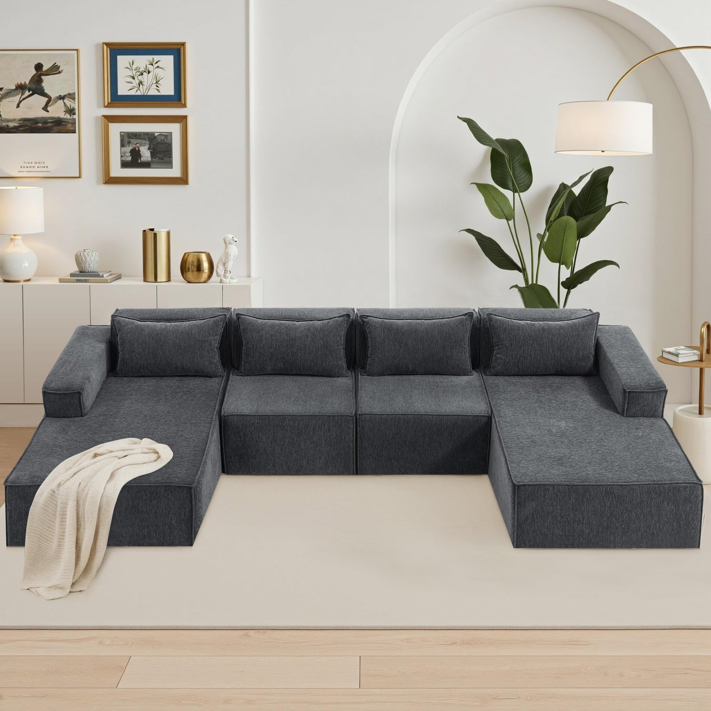 VIKAYAMICS 140" Modular Sectional Sofa, U-Shaped Cloud Couch with Extra Long Chaise Lounge, Oversized Chenille Boneless Sofa Set for Living Room, Comfy Floor Seating, No Assembly Required