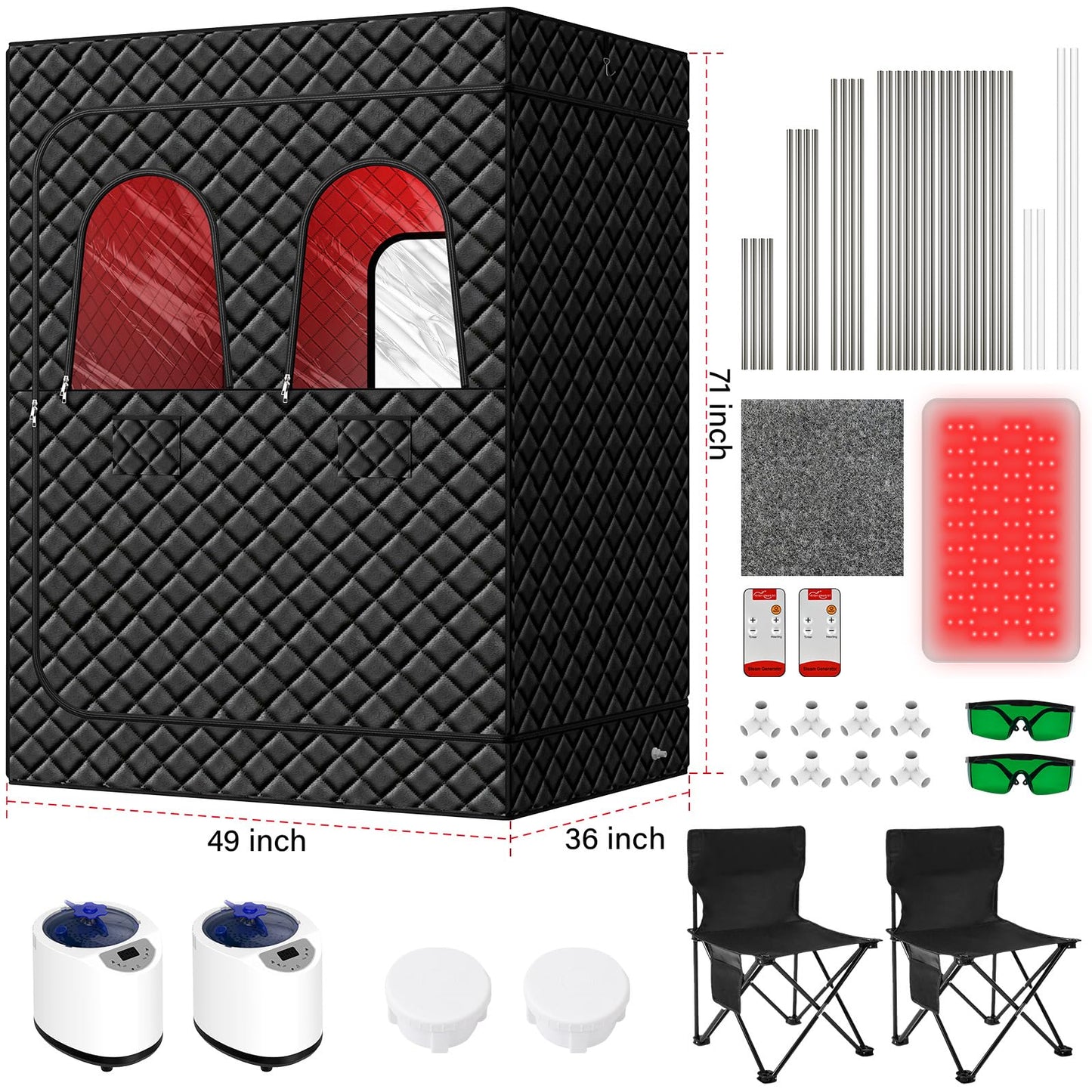 2 Person Infrared Sauna Box for Home, Portable Steam Sauna Room with 660nm+850nm Red Light Therapy Lamp, 5-Layer Waterproof, 2 Steamers, 2 Folding Chair, 2 People Red Light Sauna