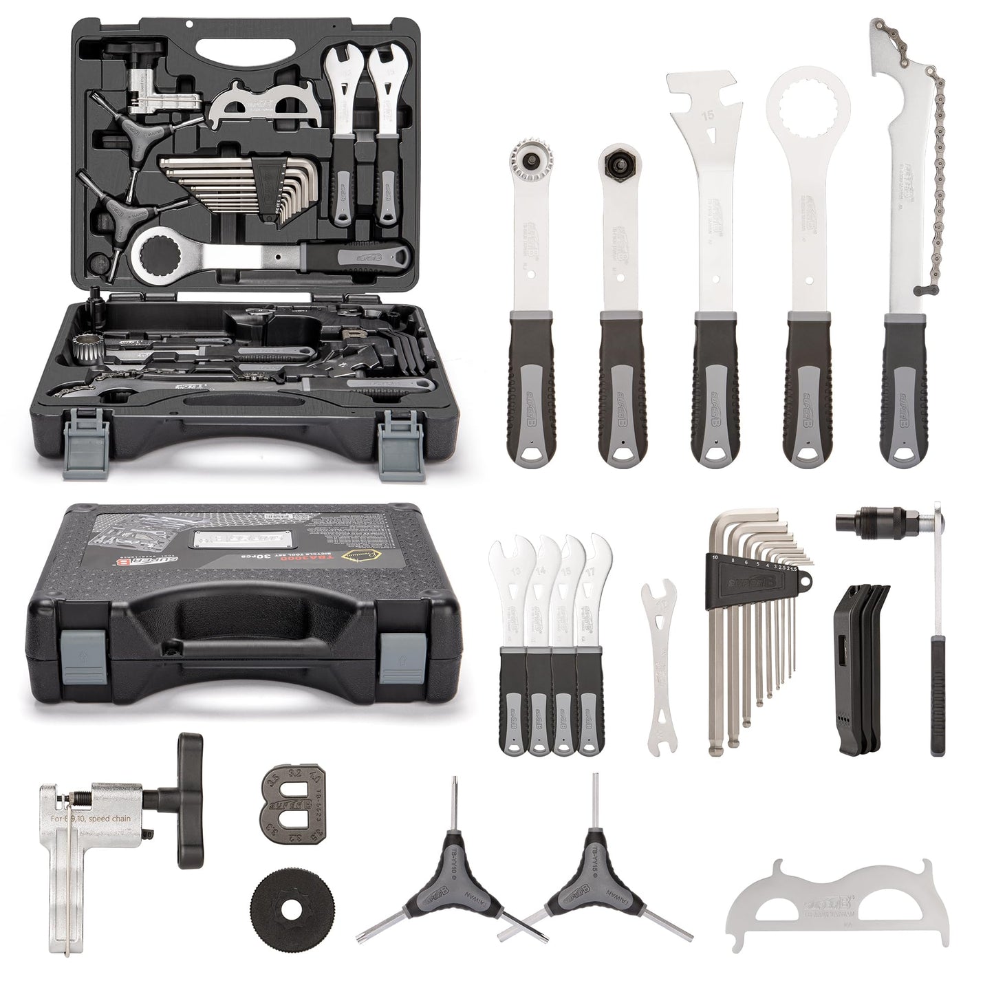 Super B 30 PCS Bicycle Tool Set - Bike Repair Kit with Carry Case - Bike Maintenance Tools for Road Bikes and Mountain Bikes, Repairing Tyres, Brakes, Chains, Pedal, Crank Puller(TBA3000)
