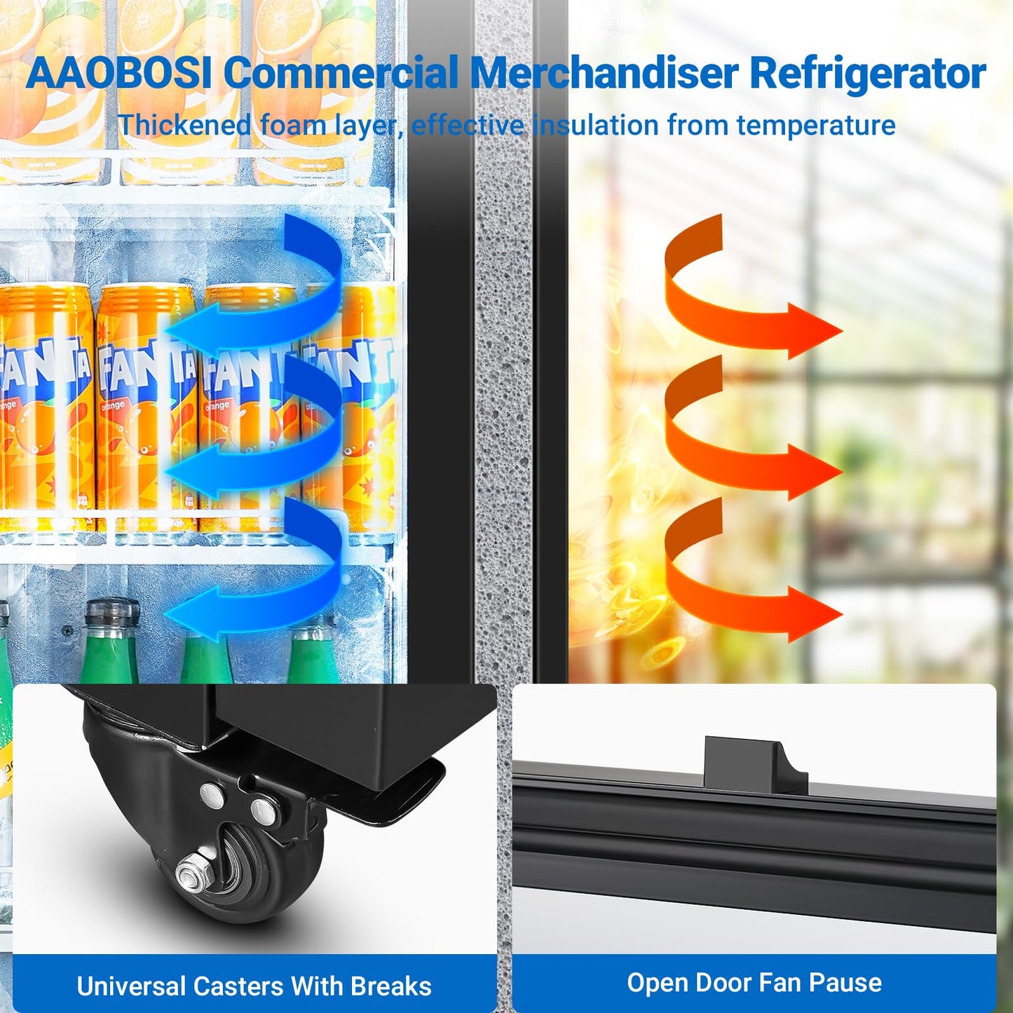 AAOBOSI Commercial Merchandiser Refrigerator,12.29 Cu.Ft Glass Door Display Refrigerator,Upright Beverage Fridge with Soft LED Light,Customizable Lightbox,Universal Casters, Adjustable Shelves