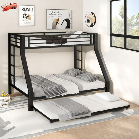 Heavy-Duty Metal Twin XL Over Queen Bunk Bed with Trundle for Teens Adults,Higher Quality Steel Queen Size BunkBed with 2 Vertical Ladders ,Noise Free for Small Bedroom, Weight Capacity 700LBS (Black)
