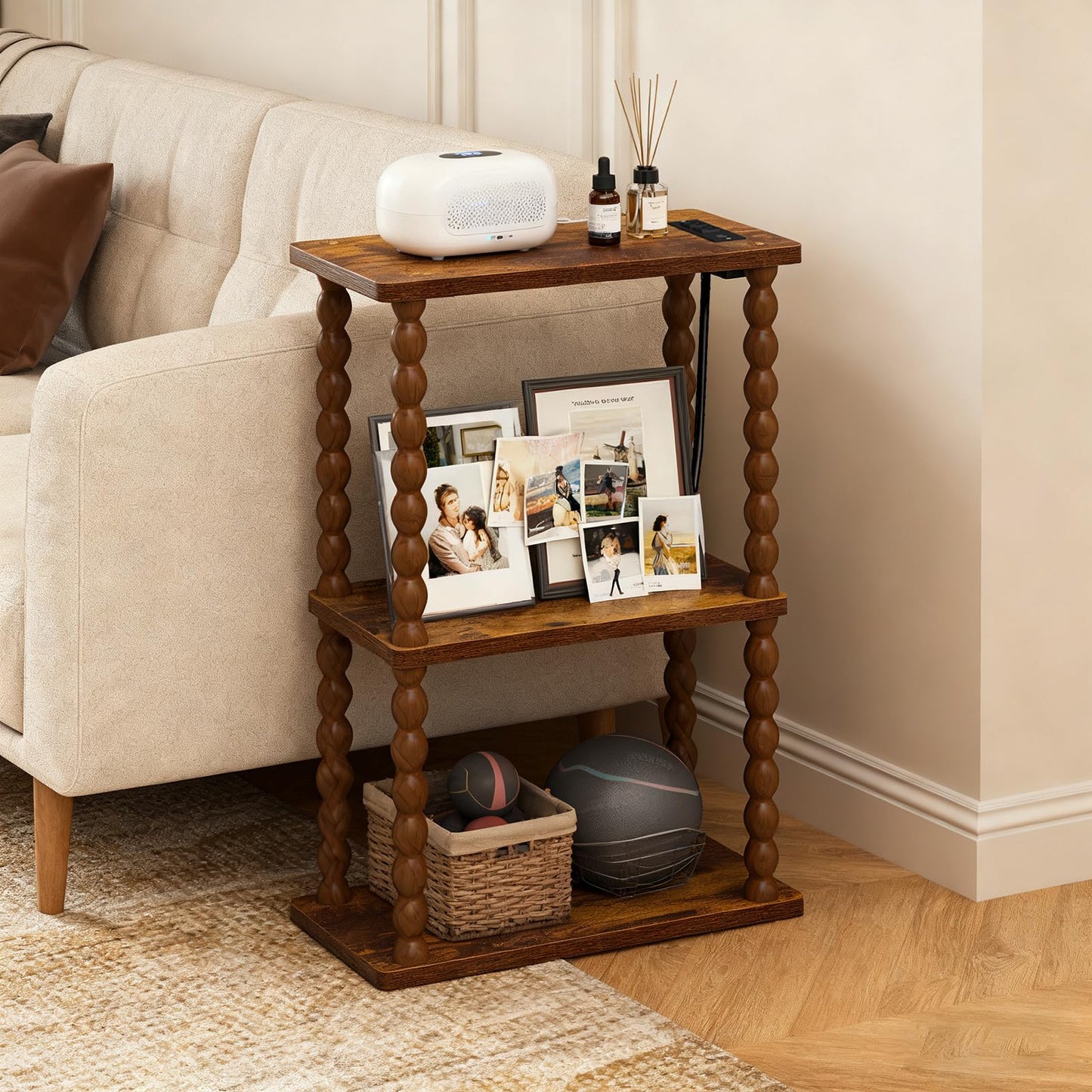 ELYKEN Side Table with Charging Station, Small End Tables Living Room with USB Port and Outlet, 3-Tier Narrow Bedside Table Nightstands for Bedroom, Rustic Brown