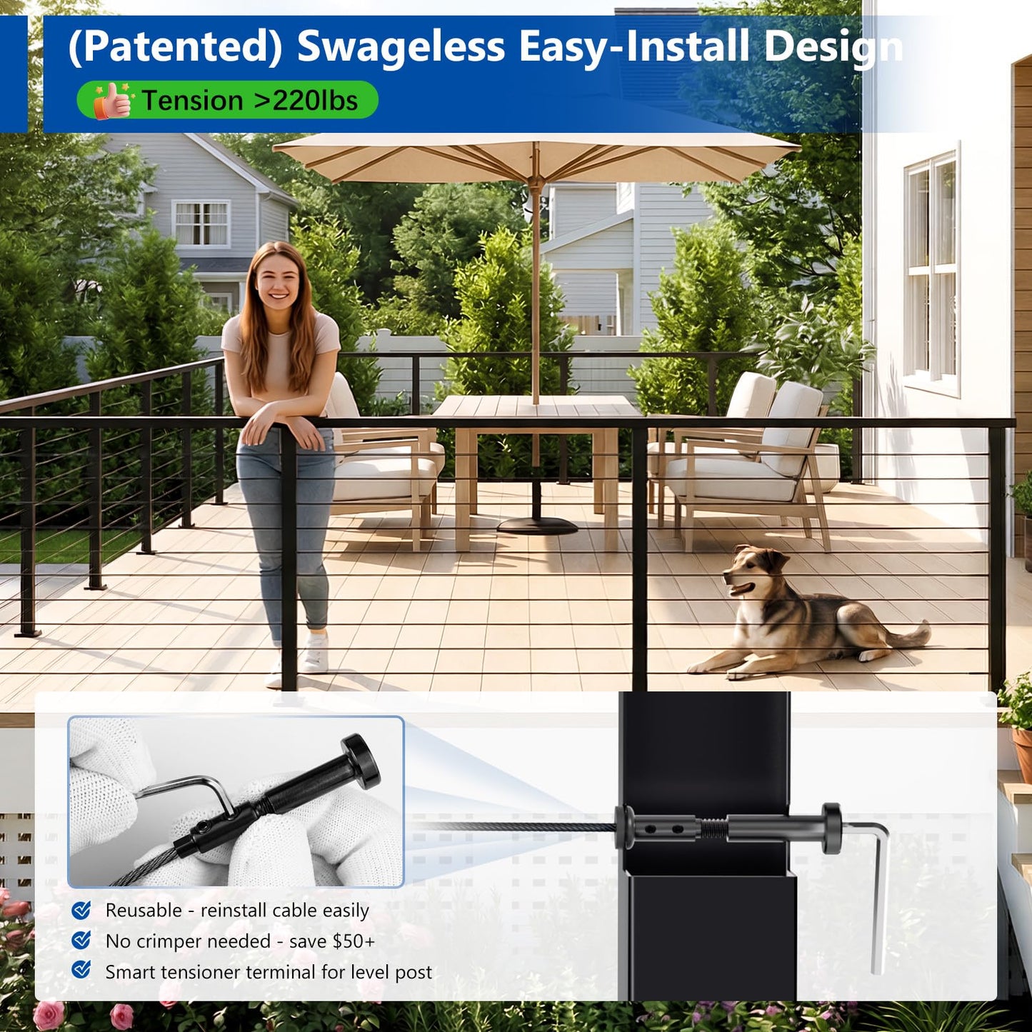 Zylorix Modular Swageless 8-20FT Complete Set 36" Cable Railing Post Kit, 3Pack Black Level Drilled Line Posts(35"x2"x2"), Patent Reusable Deck Cable Railing System Kit, 1/10" Wire Rope(No Handrail)