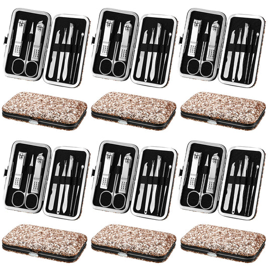 Geosar 12 Set 8 in 1 Manicure Gifts for Fathers Day Bulk Stainless Steel Nail Clippers Kit Pedicure Care Tools with Leather Case Travel Grooming Kit Gift for Women Men Hands Foot(Glitter Rose Gold)