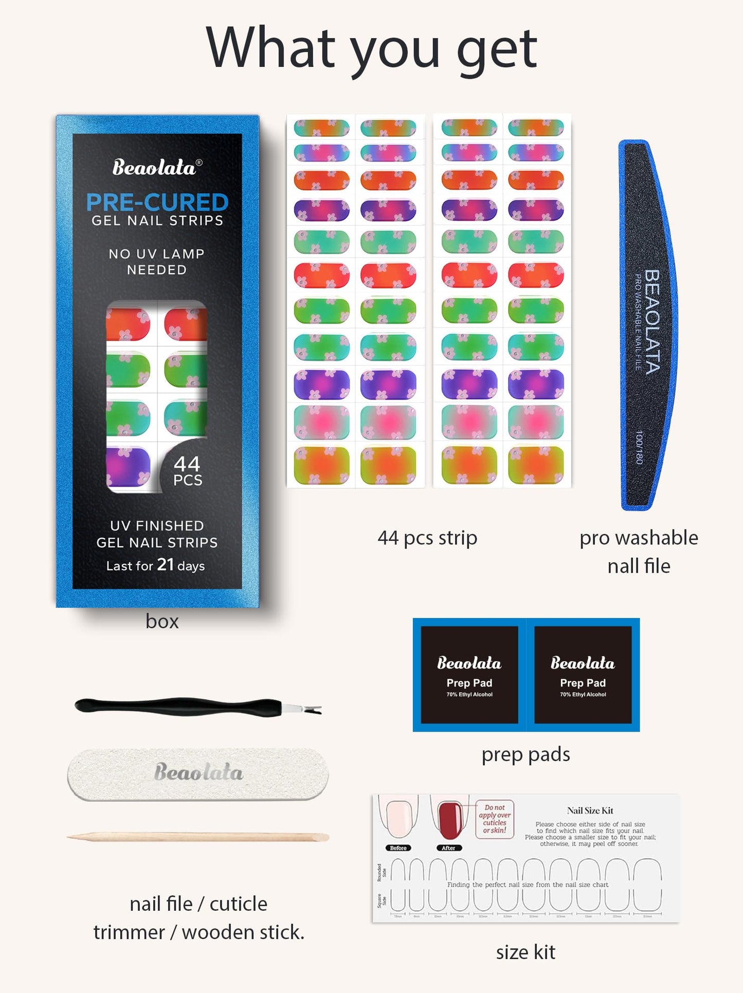 Beaolata Real Gel Nail Strips (No UV Light Needed) - 44Pcs Salon Quality Nail Stickers - Long Lasting Polish Wraps for Women, Easy Apply & Remove (Blue Dopamine Garden)