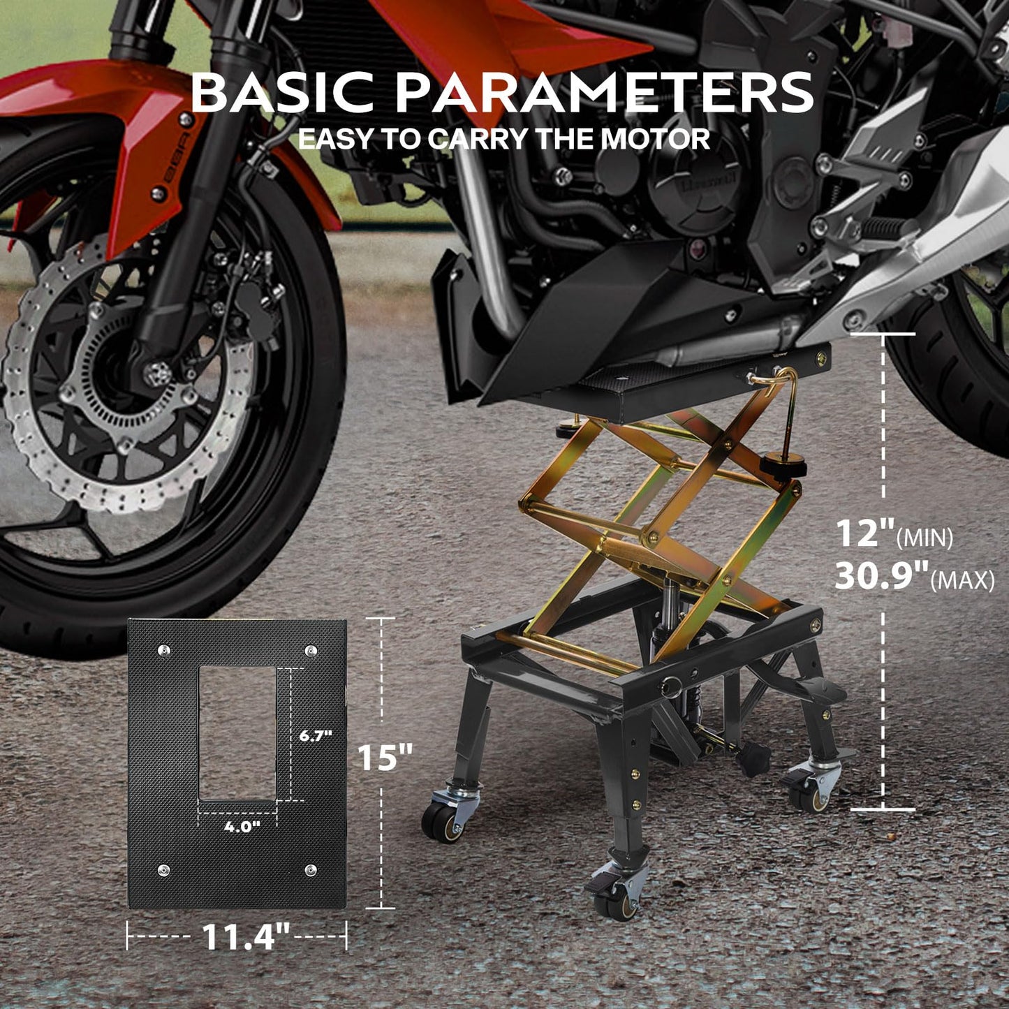 VIVOHOME 350 Lbs Heavy Duty Hydraulic Motorcycle Lift Jack, ATV Dirt Bike Foot Operated Scissor Stand Table with 4 Wheels and Removable Stopper, Black