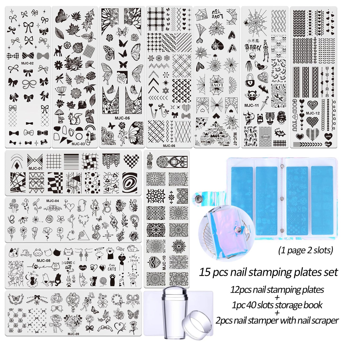 STZPRONAIL Nail Stamping Plate Set - 15pcs Nail Stamping Kit with Flower Lace Butterfly Holiday Nail Stamper Scraper Storage Bag Reusable Stainless Steel Nail Stencil DIY Salon Manicure Tool Supplies