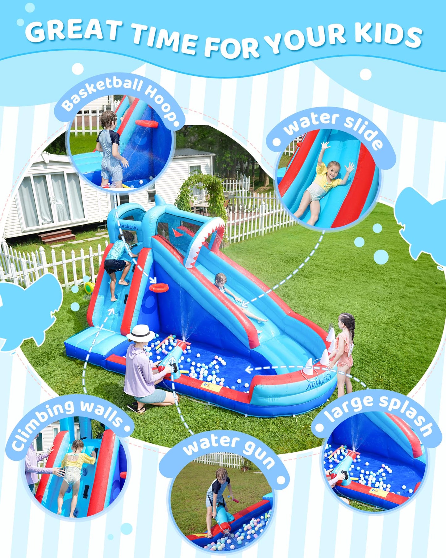 AirMyFun Bounce House, Sharks Theme Inflatable Bouncy House with Slide, Kids Bounce House Water Park with Slides Bouncer Castle with Splash Pool, Climbing Wall, Ball Shooting