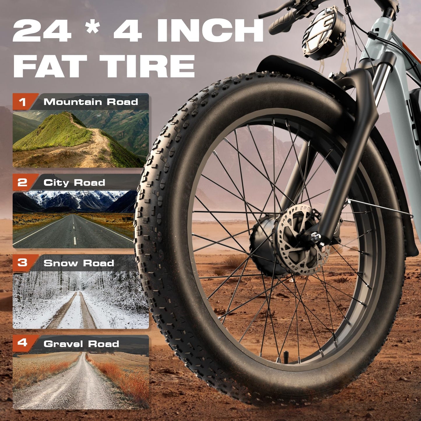 PUJH Electric Bike, 52V 25Ah 4000W Dual Motors, 24" Fat Tires Adult, 36mph Up to 110 Mile Range, Full Suspension, Hydraulic Brakes Class 3 Ebike, for Off-Road Mountain Riding Adventures (White)