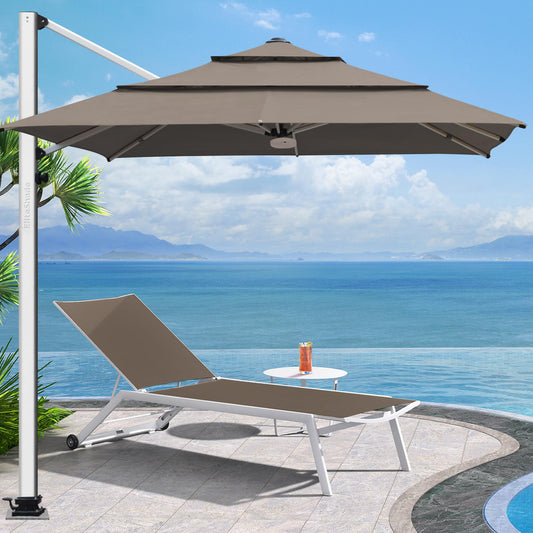 EliteShade USA APOLLO 3-Tier 10x10FT Full Aluminum Cantilever Patio Umbrella for Outdoor restaurant Garden Courtyard Deck Pool and Marketing with Light,Taupe
