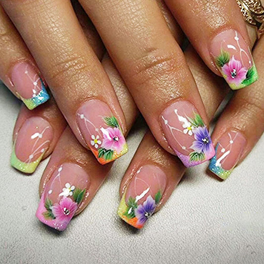 Spring Press on Nails Short Square Fake Nails with Floral Designs Colorful French Tip Nails Press ons Glossy Glue on Nails Nude Acrylic Nails Summer False Nails Stick on Nails for Women 24Pcs