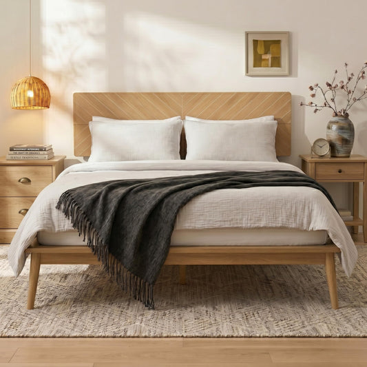 Loki Solid Wood Bed Frame Full, Premium Platform Bed with Chevron Headboard and Wood Slat Support, Noise-free, Easy Assembly, No Box Spring Needed, Mid-Century Modern Minimalist Styles (Light Oak)