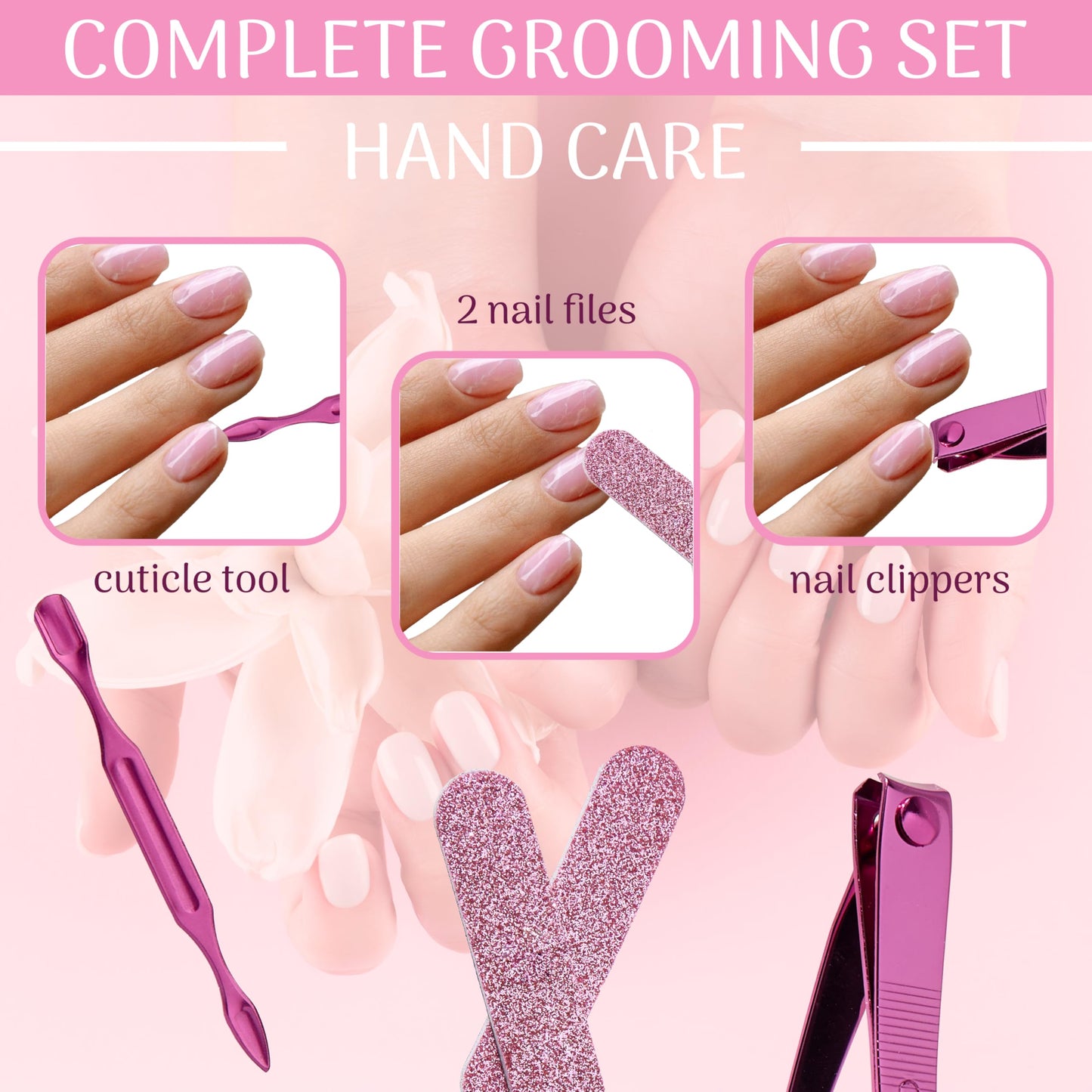 8pc On-The-Go Grooming Kit – Premium Manicure & Pedicure Set for Nails, Brows & Beyond – Complete Travel Grooming Tools with Pink Glitter Lip Case