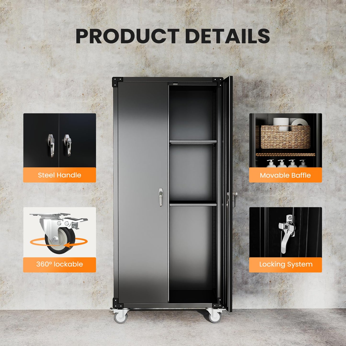 DUMOS 72" H Black Metal Garage Storage Cabinets with Lock Door, Adjustable Shelves and Wheels, Steel Tool Cabinets for Home,Office,Warehouse