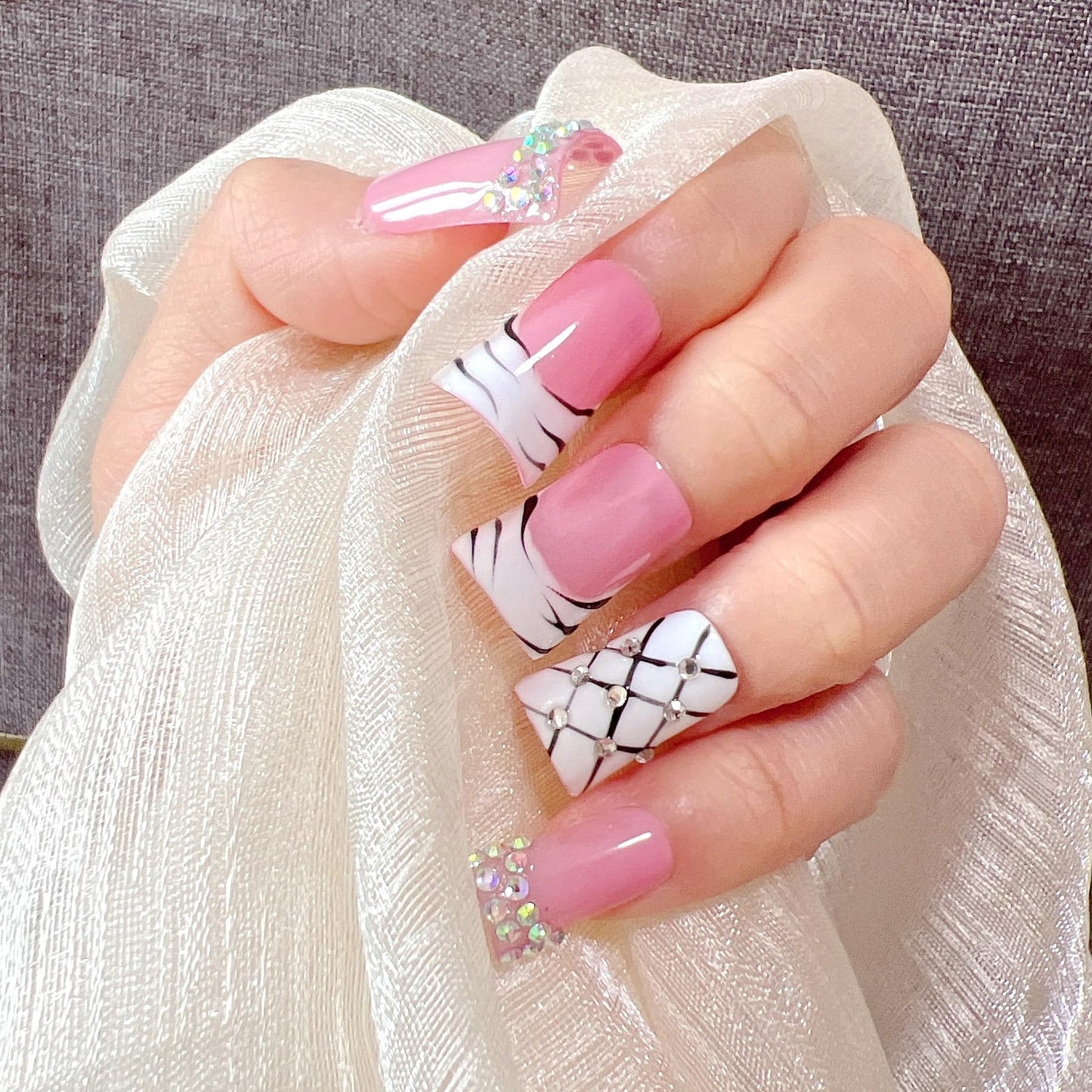 NAIL ANGEL 10PCS/SET Glamorous Handmade Press On Nails Leopard Prints Butterfly Rhinestones French Style Duck Nails Party Nails Duckbill Artifical Tips ZJ22/23/24 (ZJ-22, M)