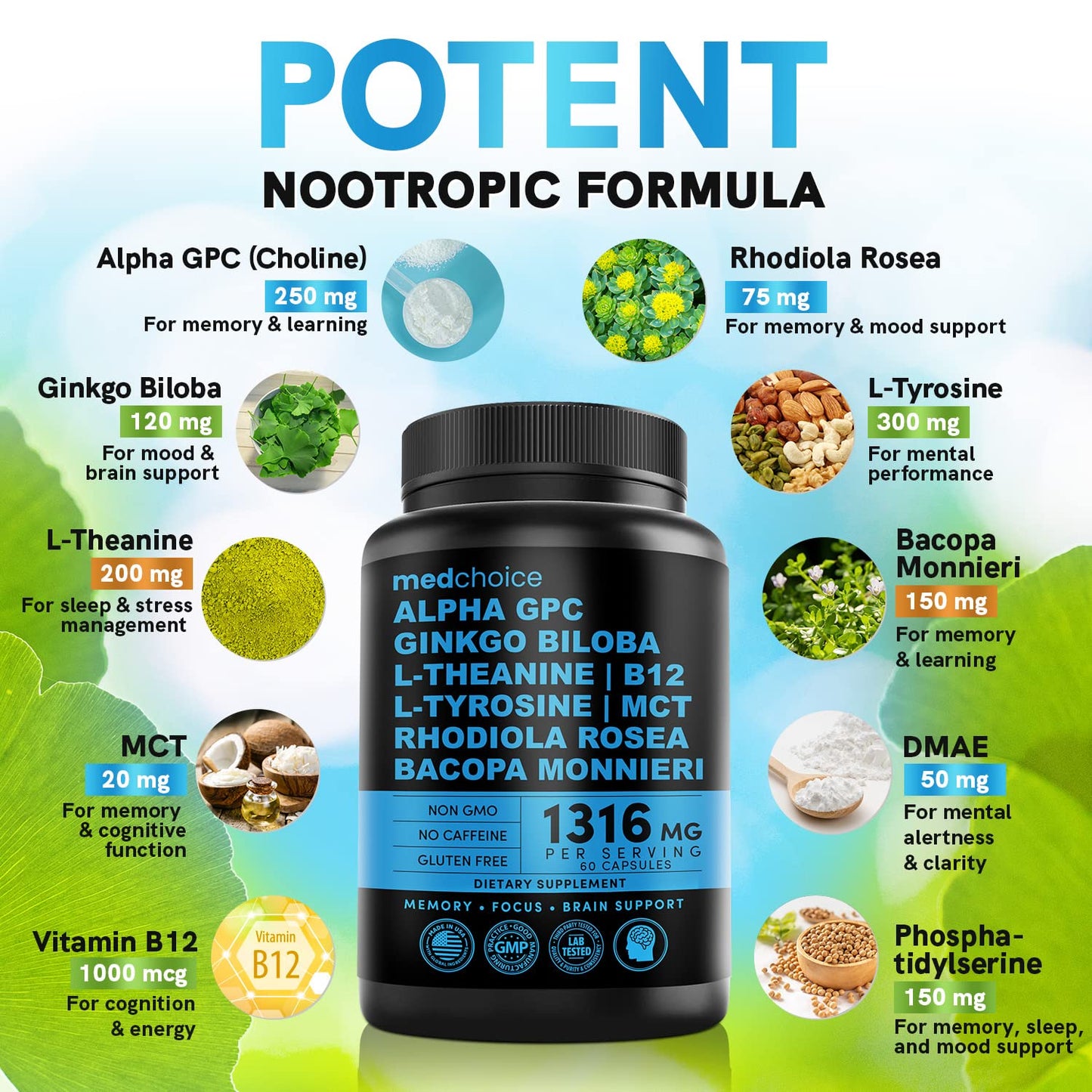 MEDCHOICE Turmeric & Ginger (120ct), Sleep Melatonin (180ct), and Nootropic Brain (120ct) Supplement Bundle - Wellness Trio for Brain, Sleep, & Immune Support - Vegan, Non-GMO, Gluten-Free