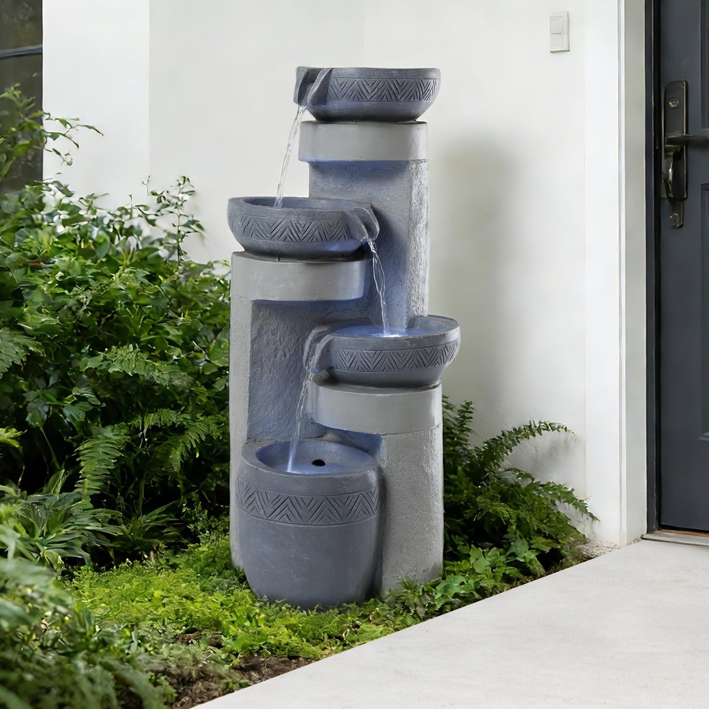 32" Outdoor Water Fountain with Led Lights, 4-Tier Modern Pottery Water Fountain, Outdoor Garden Waterfall Decor for Garden, Patio, Courtyard
