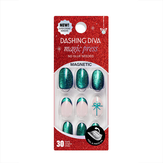 Dashing Diva Magic Press Magnetic Nail Set - Bow Down - Medium Almond Press Ons - Long Lasting Gel - Lasts Up to 10 Days - Gel Set - 4-Piece Manicure Kit with 30 Nails