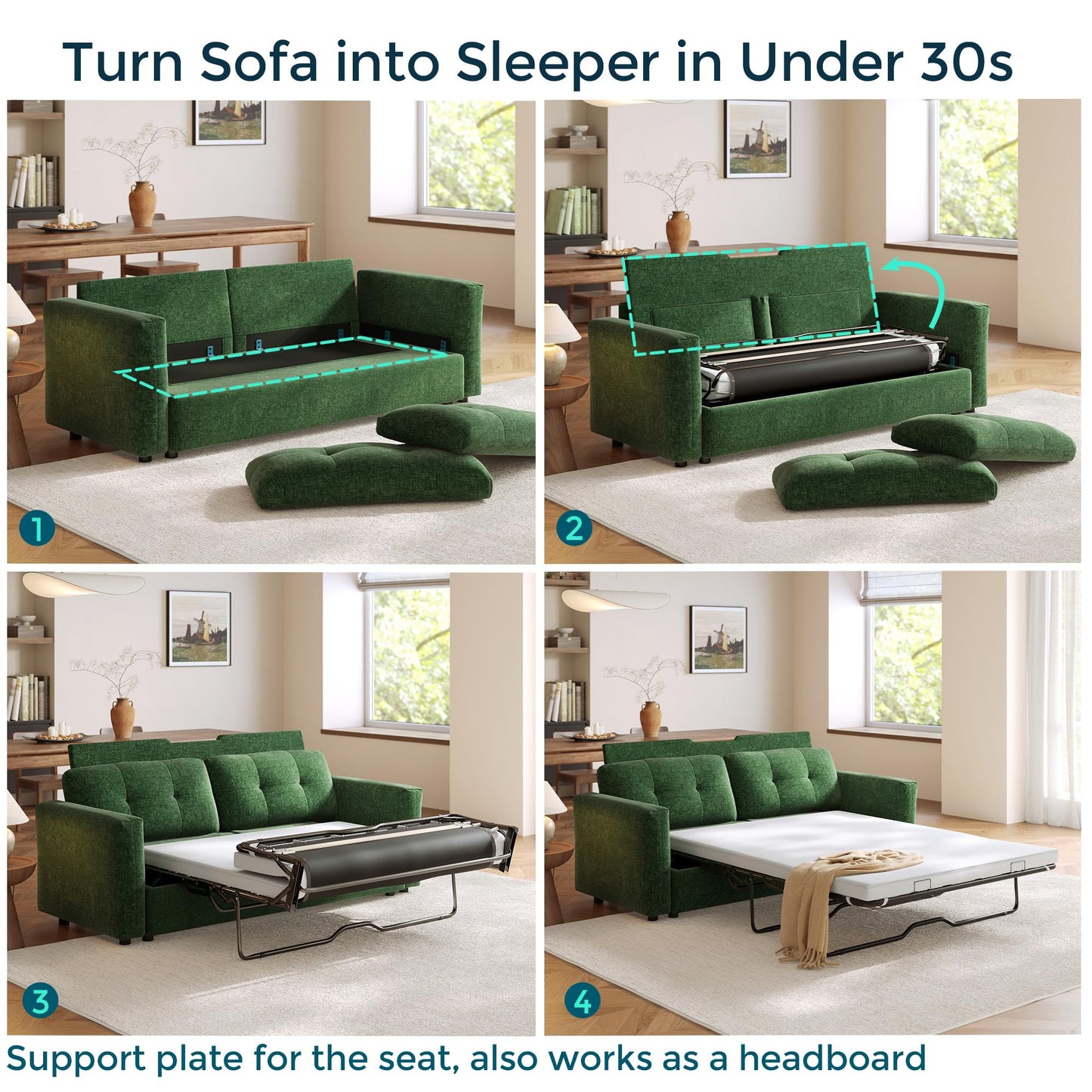 LINSY Oversized Sectional Sleeper Sofa 118" Pull Out Couch with Storage Chaise, Convertible Sofa Bed with Memory Foam Topper, Comfy L Shaped Couches for Living Room Apartment Dorm Room, Green