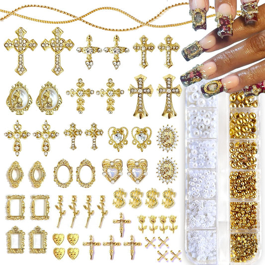 3D Luxury Cross Nail Charms,Gold White Flat Back Pearls Half Bead for Crafting,Cute Y2k Nail Rhinestones Gems for Nail Art Heart Flower Virgin Mary Angel Religious Charms Nail Chains Bulk