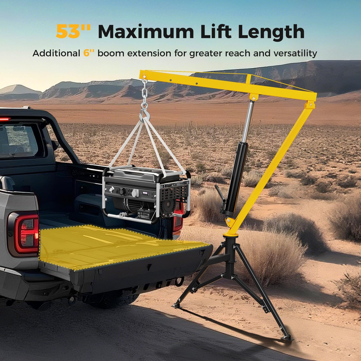CAMMOO 1000lbs Receiver Hitch Mounted Hydraulic 360° Swivel Truck Crane with 3 Boom Capacity Options: 500lbs, 750lbs, 1000lbs. Ideal for Workshops, Construction, Agriculture, and Logging,Yellow