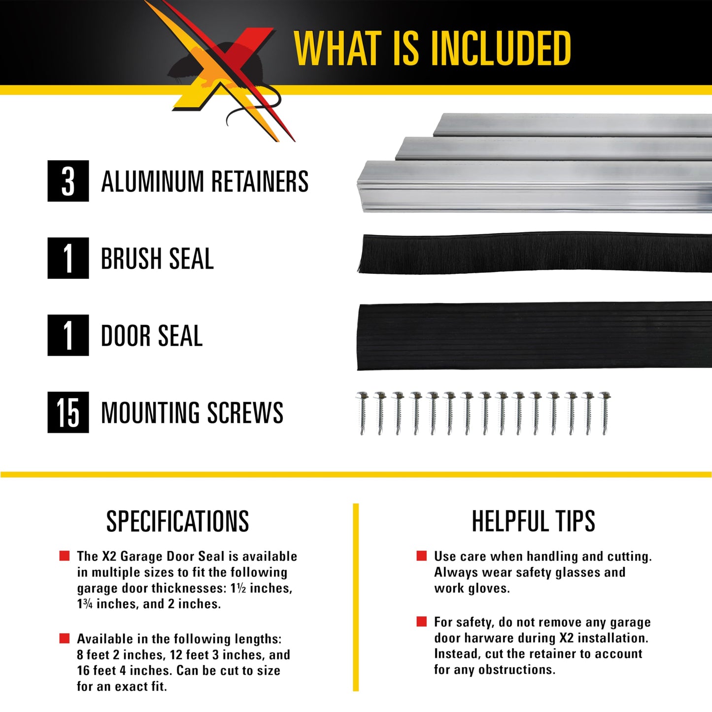 Xcluder X2 Rodent Proof Overhead Sectional Door Seal Kit, 12'3” Wide for 1.5” Thick Doors, Stops Mice, Rats and Weather, Suitable for Residential or Commercial Property Use, for 9’, 10’ and 12’ Doors
