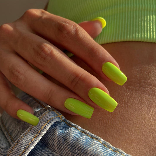 Neon Green Press On Nails Medium Long Square, Xcreando Medium Coffin Nails Acrylic Press ons Glue on Nails Long Length, Solid Color Fake Nail for Women, Natural Thick Artificial Nail Stick on