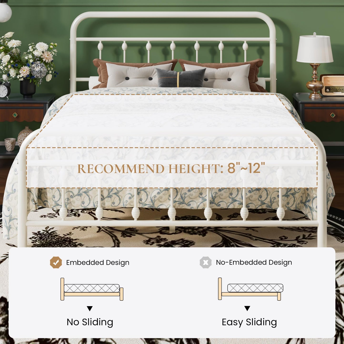 SHA CERLIN Queen Size Metal Platform Bed Frame with Victorian Style Iron-Art Headboard and Footboard, Easy Assembly, Under Bed Storage, No Box Spring Required, Off White