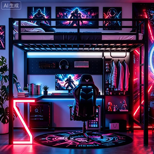 Bellemave Queen Size Gaming Loft Bed with L-Shaped Desk, Computer Tray, Peg Board & USB Ports, Metal Queen Loft Bed Frame with RGB Lights & Storage Shelves for Teens, Black