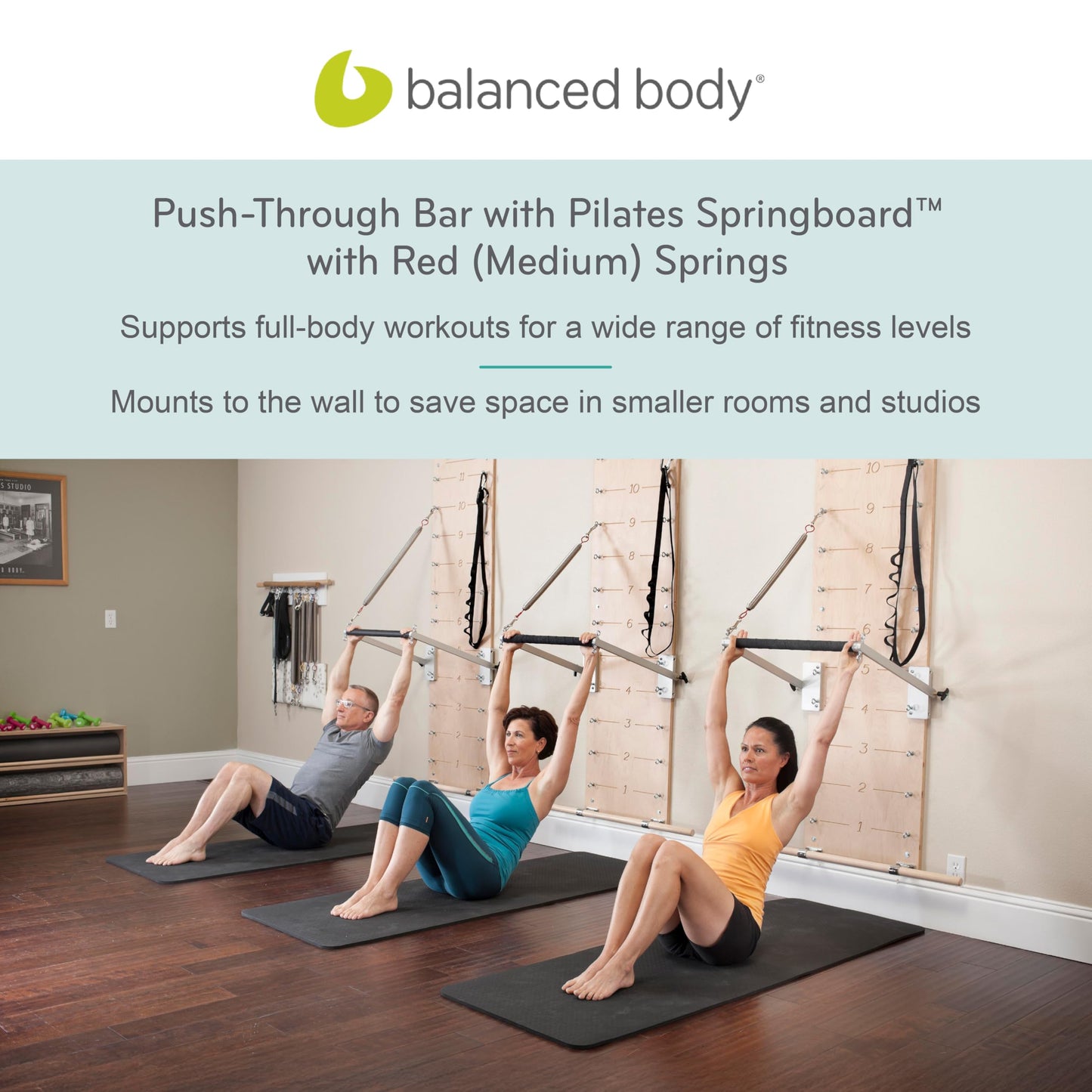 Balanced Body Pilates Springboard and Push-Through Bar, Wall-Mounted Pilates Workout Equipment for Home Gym or Studio Use, Pilates Exercise Equipment with Medium Resistance Springs