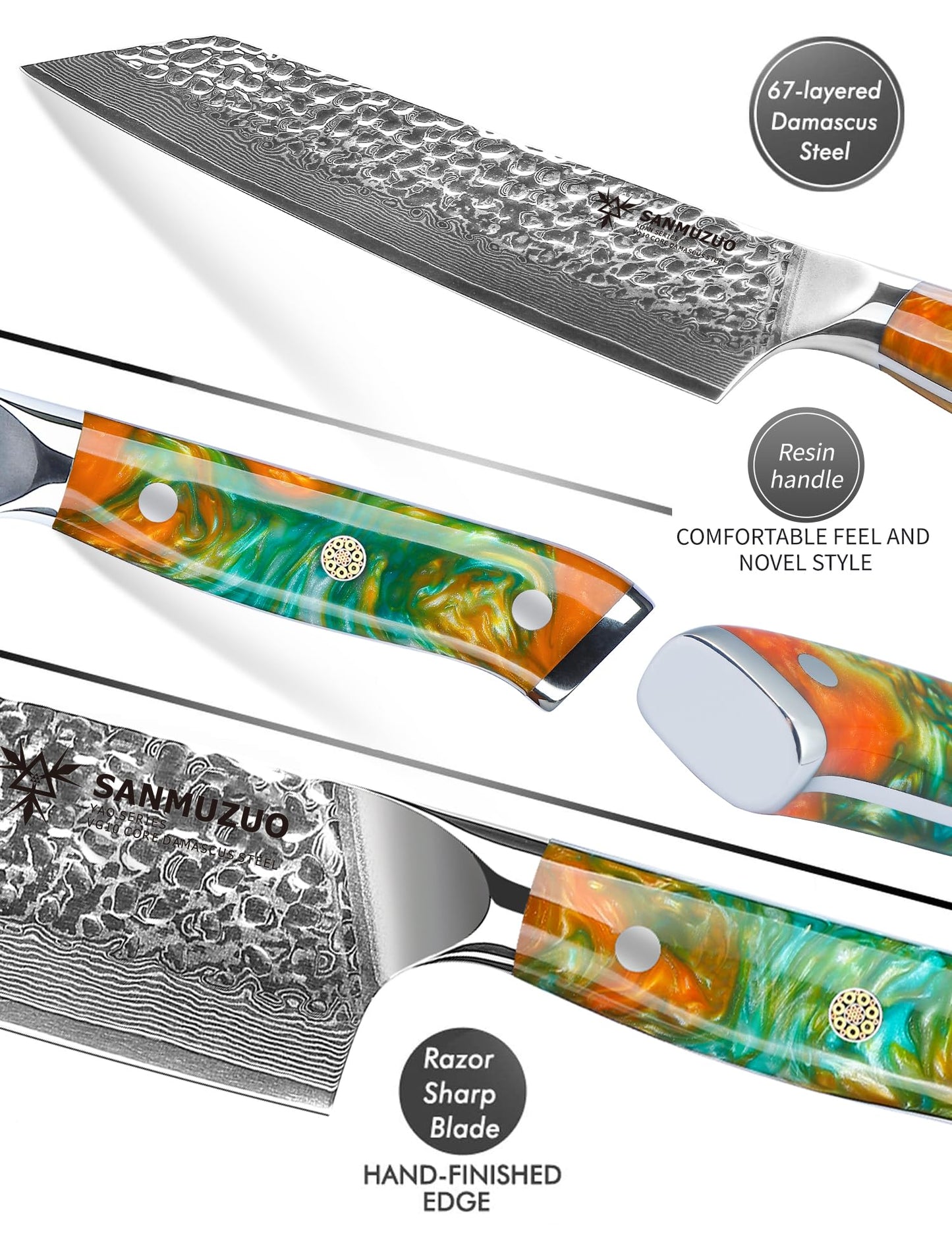 SANMUZUO 8.5" Kiritsuke Knife - Professional Kitchen Chef Knife - Hammered Damascus Steel & Resin Handle - YAO Series