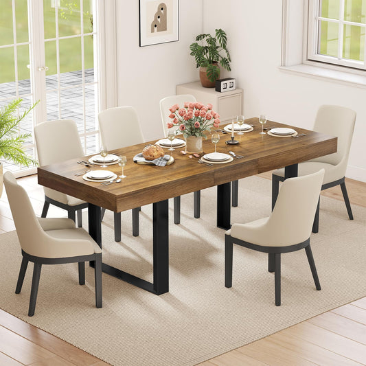 Zevemomo 63"-78.7" Expandable Dining Table, 6-10 Farmhouse Kitchen Table, Extendable Dining Table, Rectangular Kitchen Table with Metal Track, Tapered U-Shaped Legs for Dining Room, Office-Brown