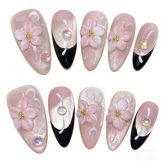 Handmade Press On Nails-3D Almond Pink Glitter Cats Eye Carved Flower,Wedding Prom And Festival Gift,Thick Acrylic and Muti-Layer Gel Reusable False Nails (L)
