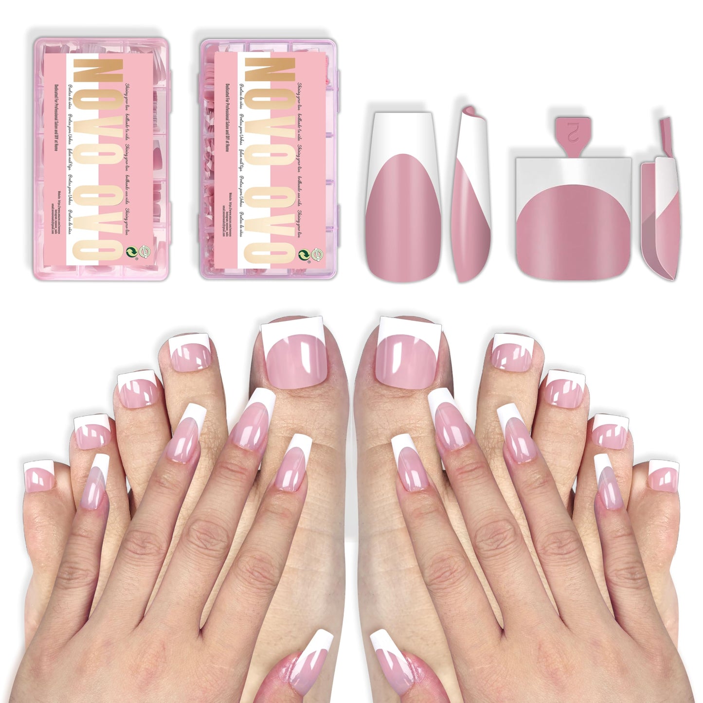 NOVO OVO Medium Square and Coffin White French Tip Matching Set Nail Tips Press on BERRY PINK, Including One Box of Predesigned French Tip Soft Gel x Toe Nail Tips and One Box of Finger Nail tips