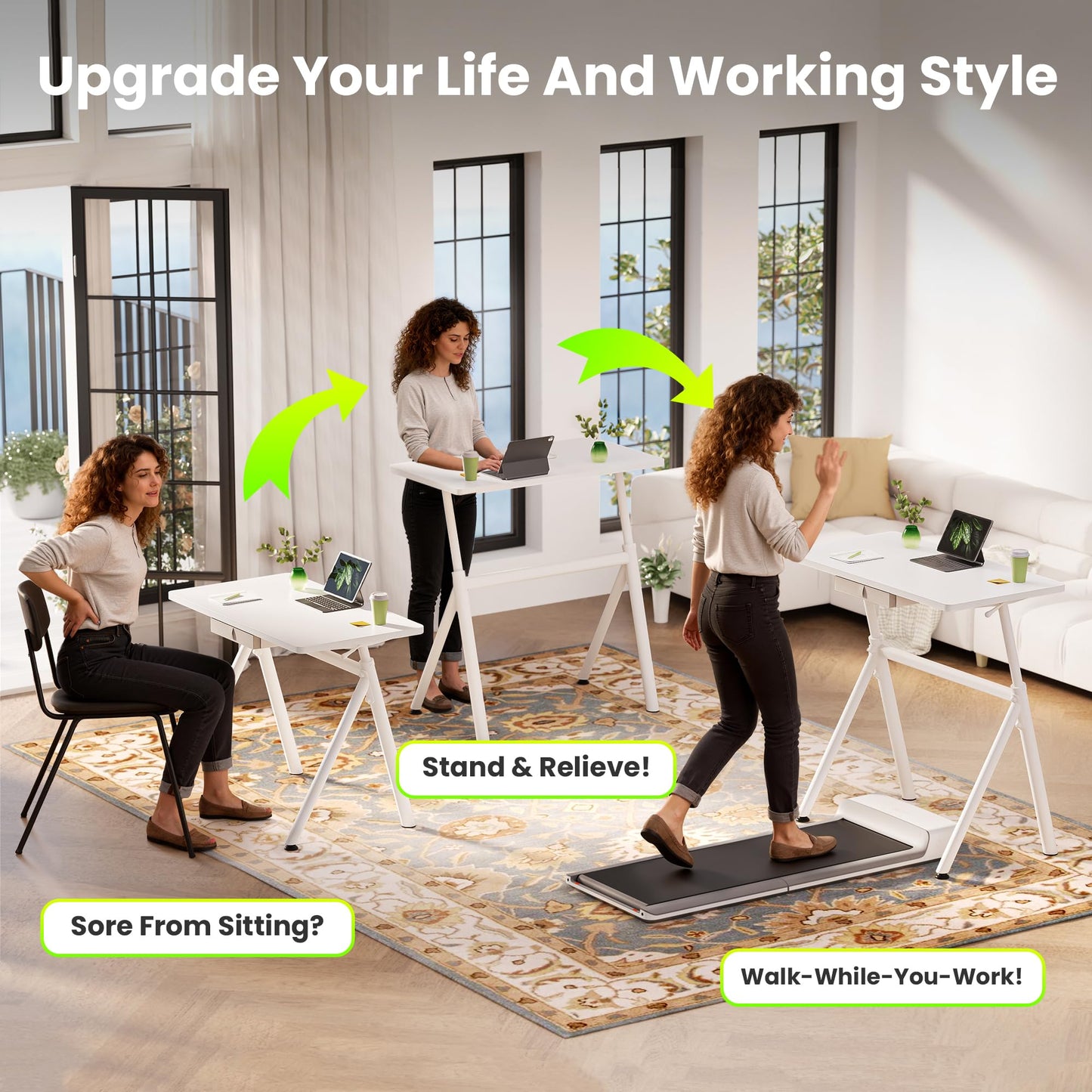 WALKINGDESK Standing Desk, 4-Leg Pneumatic Adjustable Desk for Walking Pad Treadmill - Stable No Wobble Fixed Frame, 40” Computer Desk with Fabric Drawer for Home Office, Gaming Desk, White
