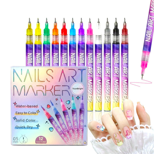 TrustBright Nail Art Marker Pens Set, 12 Colors 0.5mm Fine Tip Nail Art Pens, Quick Dry Nail Paint Pens for DIY Nail Design on Gel, Acrylic, Natural & Press-On Nails