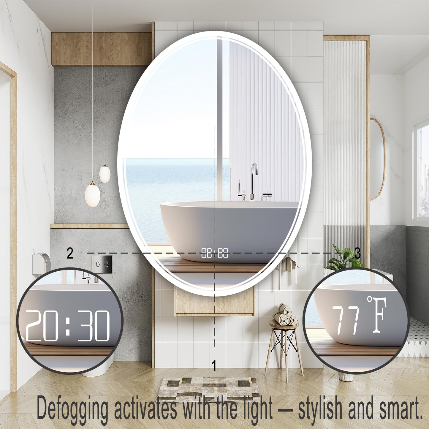 24x32 Inch LED Bathroom Mirror – Anti-Fog, Shatter-Proof Oval Makeup Mirror with Front & Backlit Lighting, 3 Color Modes & Stepless Dimming, Digital Time/Temperature Display, Vanity Mirror