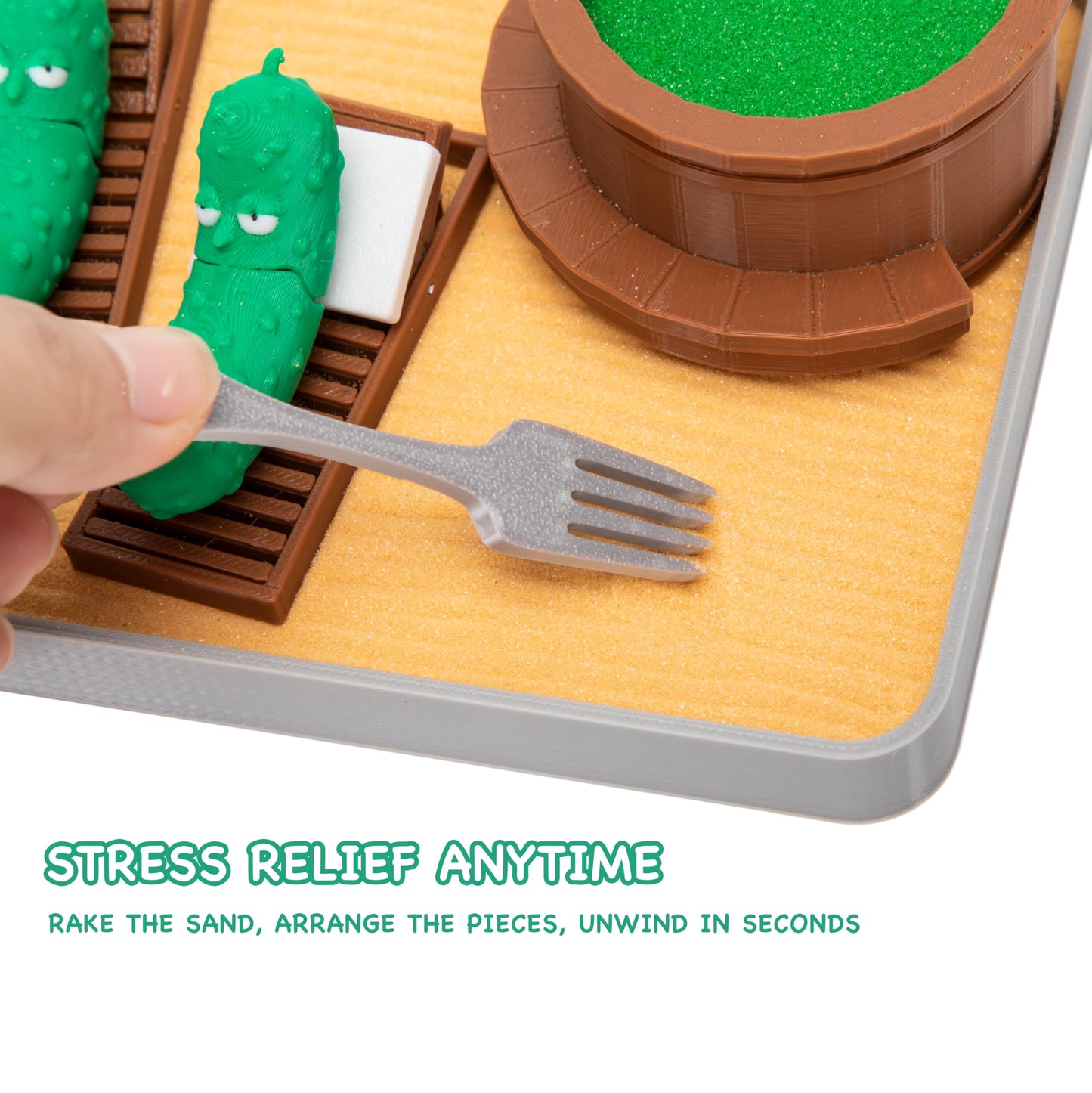 Stylor Pickle Zen Garden Office Desk Decor - Mini Decorative Therapy Sand Tray with Pickle Figurines and Wooden Barrel, Humorous Funny Stress Relief Gift Kit