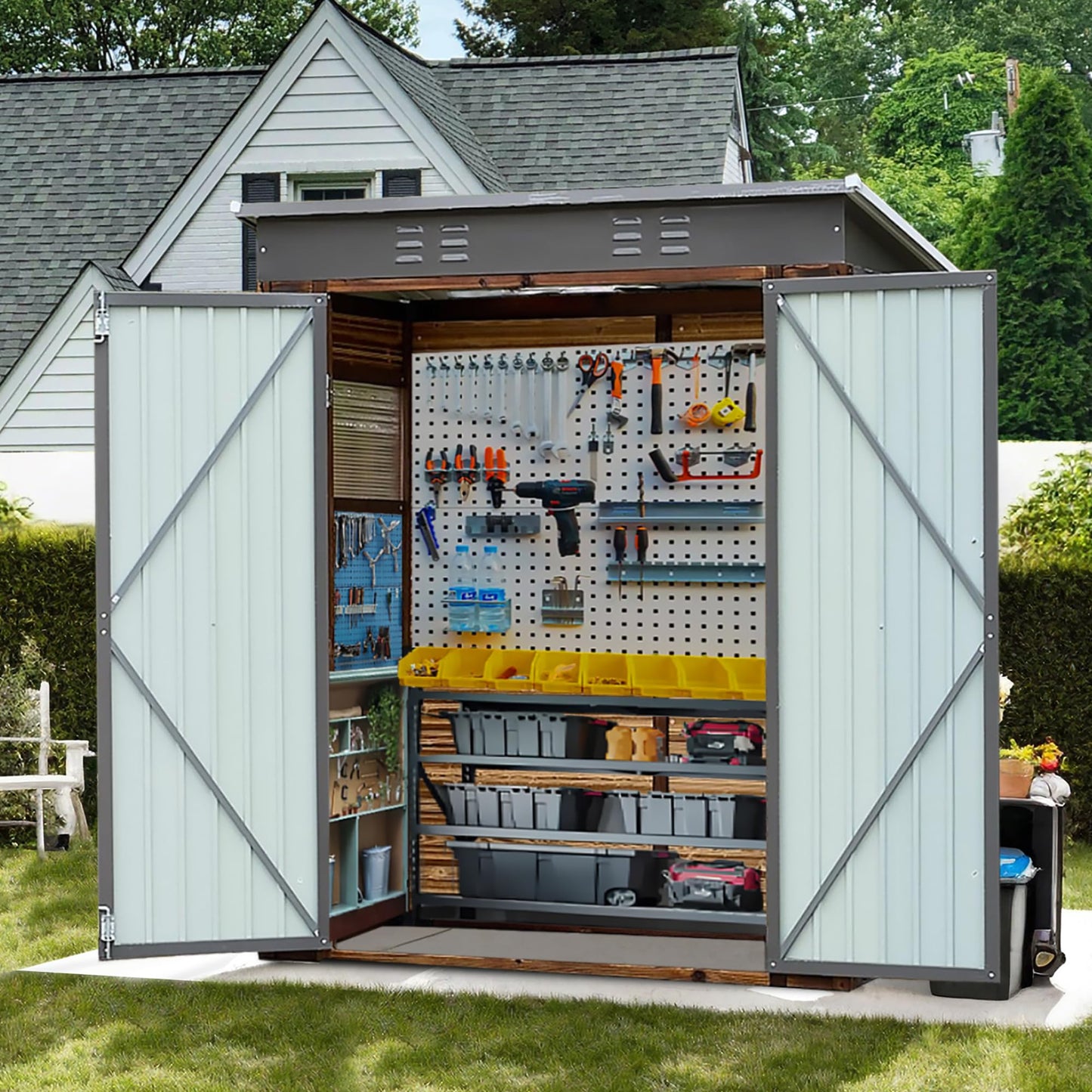 EUHOME 3x5FT Wood Outdoor Storage Shed with Lockable Double Doors & Ventilation Windows for Garden, Lawn, Patio