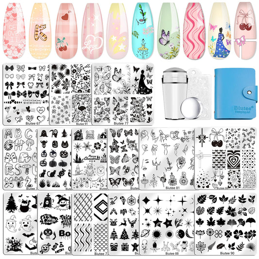 Biutee Nail Stamping Plate 15PCS Nail Stamper Kit Nail Art Stamping Plates Set with Nail Stamper, Scraper & Storage Bag, Nail Stamping Kit Star Bowknot Love Butterfly Leaf Design Template for Nail Art