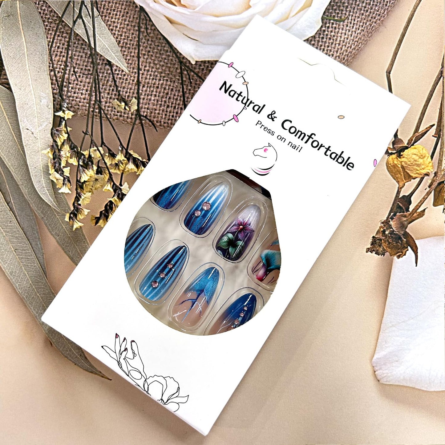 Blue Gradient French Tip Press on Nails Medium Flower Rhinestones Design Stripes False Nail Full Cover Glitter Stick on Nail Almond Tip Press Ons Manicure Glossy Reusable Glue on Nails for Women
