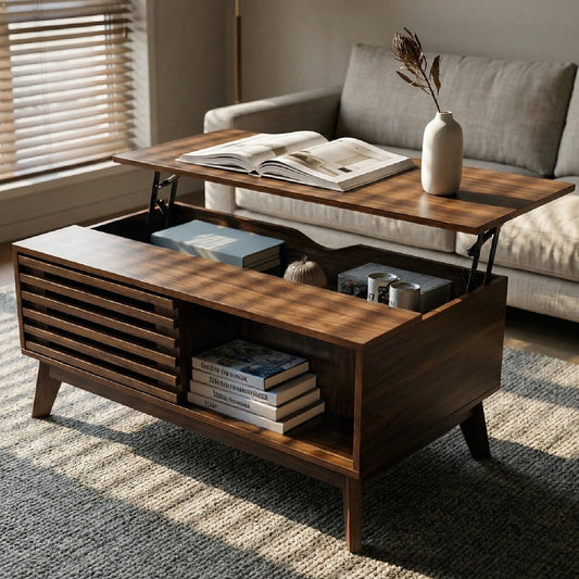 KEIKI Lift Top Coffee Table, Mid-Century Modern Tea Tables with Hidden Storage, Slatted Sliding Door Center Drink Desk w/Lifting Top, Accent Side Cafe Desks for Living Room, Easy Assembly, Walnut