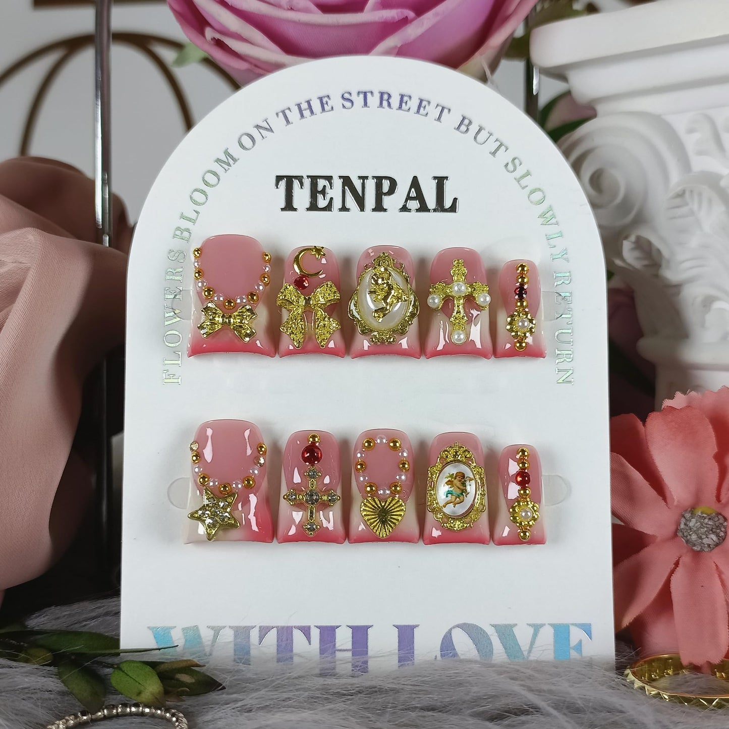 TENPAL Short Duckbill Press on Nails - Nude Pink French with 3D Angel Cross & Pearl Charms | Icy Glossy Fake Nails with Tools | Sweet Glam Style for Women Girls(S)