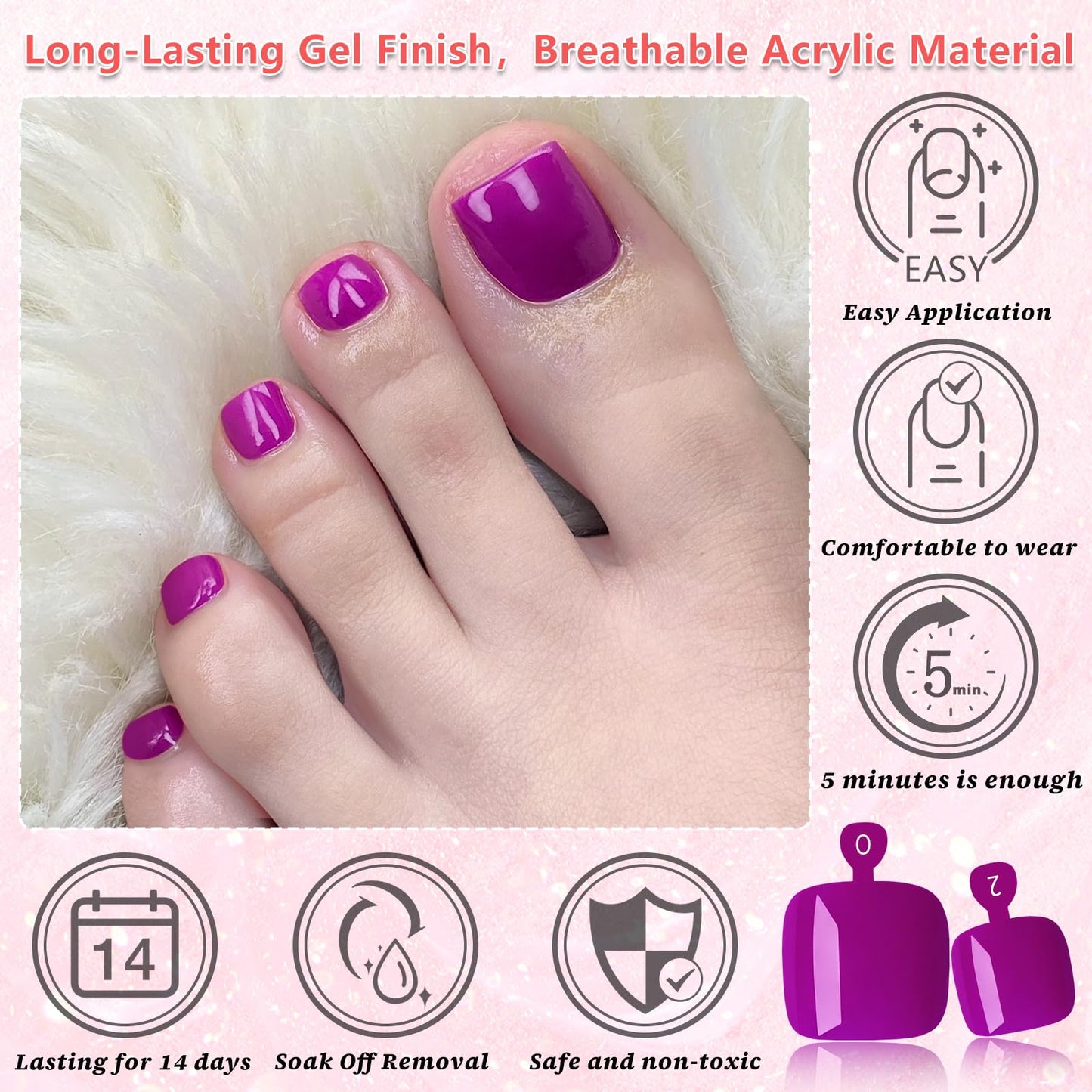 EternalClassic 144pc Press on Toenails for Women Toe Nail Press ons Short Square with Glue&Jelly Glue, Purple Fake Toe Nails Glue on Toe Nails, Full Cover Acrylic Artificial Toe Press on Nails