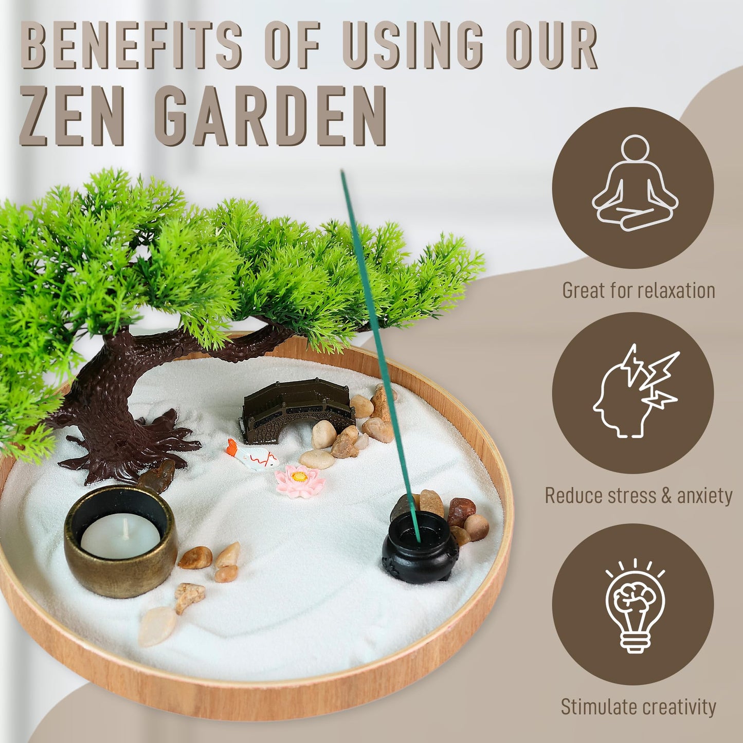 Timani Japanese Zen Garden for Desk - Zen Garden Sand Kit, Artificial Bonsai Tree, Rakes & Accessories - Japanese Decor Office Home Desktop Relaxation Sandbox Decor. 9.5" Inches Wooden Round Tray