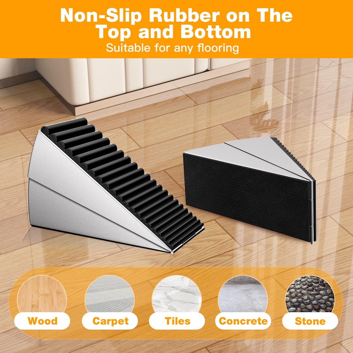 BINFEW 4 Pack Heavy Duty Metal Door Stop, Strongest Large Adjustable Spring Door Stopper Up to 3 inch Tall, Door Stoppers for Bottom of Door, Silver Rubber Door Wedge for Any Heavy Doors