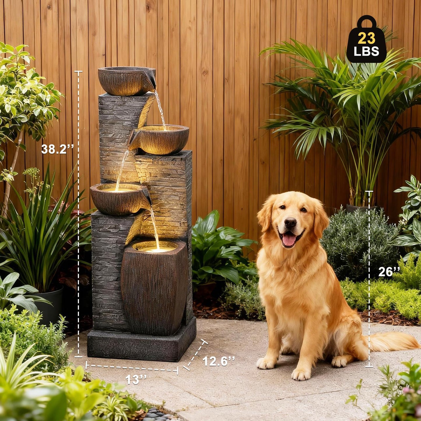 KAISOKU 38.2" Tall Outdoor Water Fountain,Stone Texture Modern 4 Tiers Cascading Bowls Garden Fountains Outdoor,Suit for Patio, Deck, Porch, Lawns, Backyard and Home Art Decor