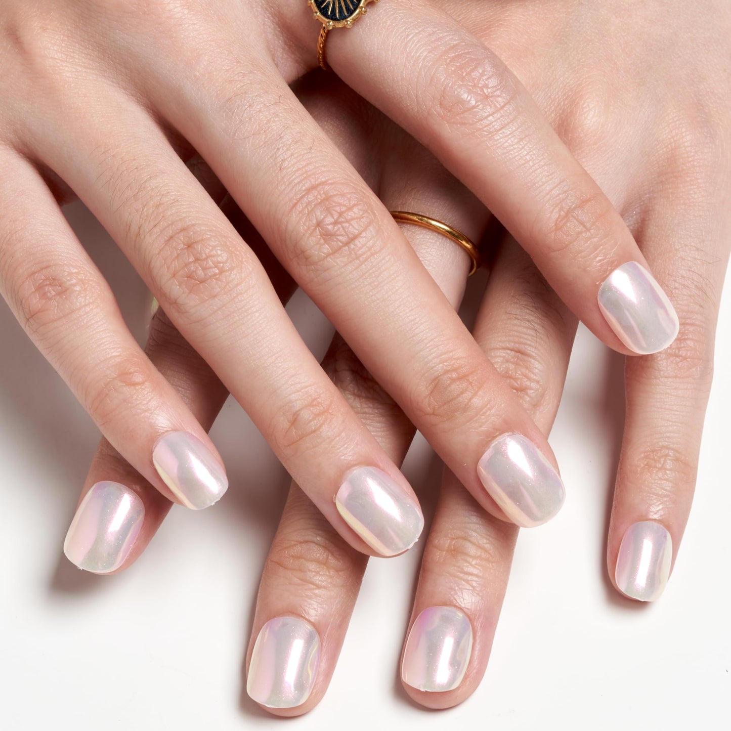GLAMERMAID Pure White Pearl Chrome Extra Short Press on Nails, Glazed Handmade Gel Fake Nails Short Squoval, Mirror Powder Square Glue on Nails, Acrylic False Nails, Glossy Round Fake Nails for Women