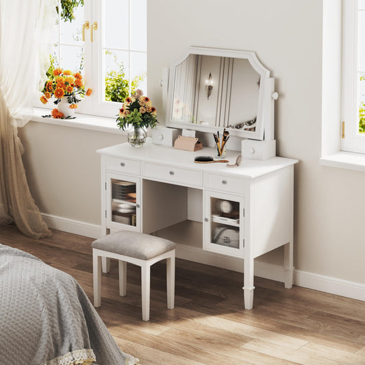 Merax Makeup Vanity Desk with Large Adjustable Mirror & Stool, Minimalist Dressing Table Set with 5 Drawers & 2 Cabinets, Space-Saving Beauty Station for Bedroom Salon Barber Store, White